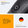 Product with waterproof control feature, battery life indication, and German design label.