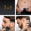 Multifunctional hair and body trimmer with usage examples on a white background.