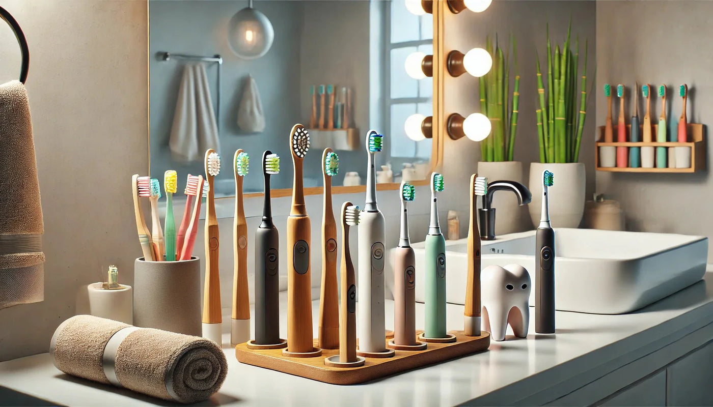 Oral care products, including a toothbrush, toothpaste, and dental floss, on a white surface.