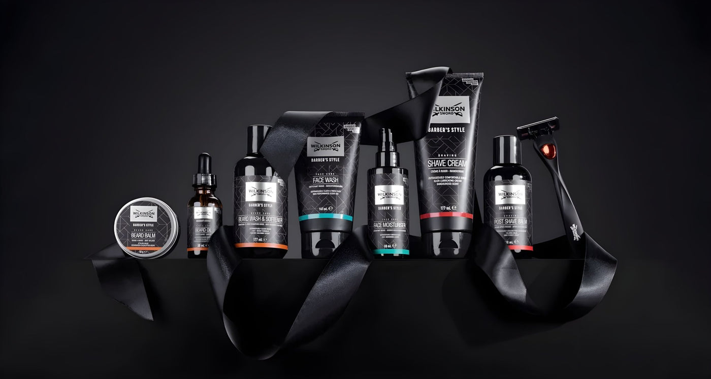 Wilkinson Sword razor and blade set, displayed with shaving gel and aftershave balm