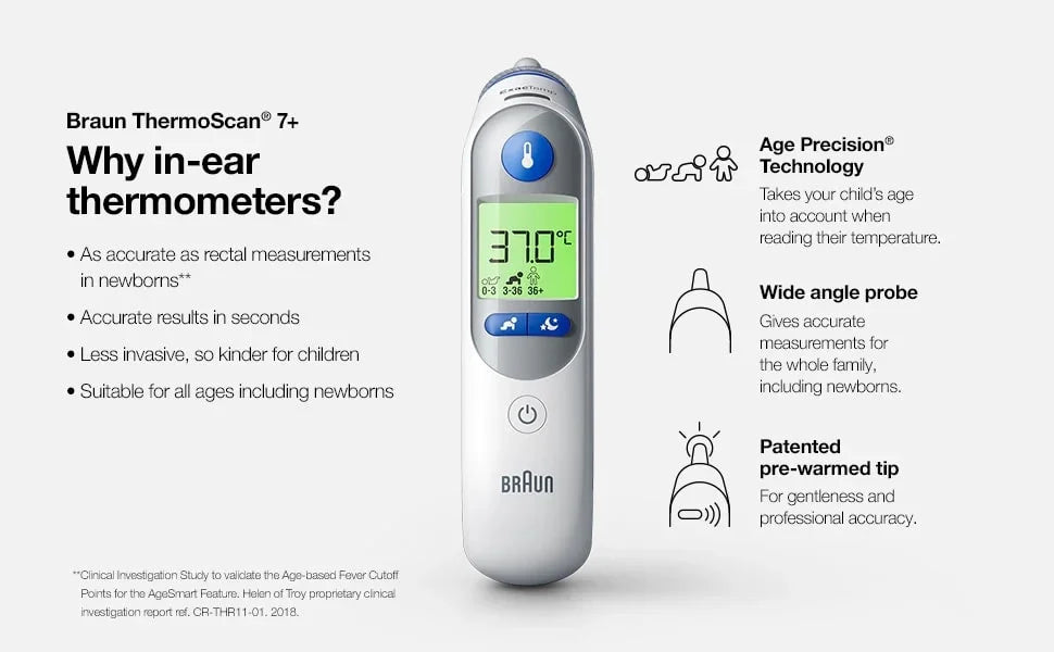 Features of Braun ThermoScan® 7 Plus with Disposable Lens Filters and Protective Cap