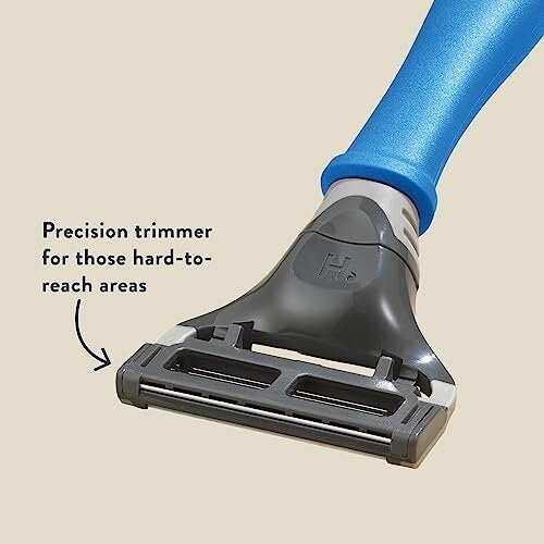 Close-up of Harry's razor blades with flex hinge, lubricating strip, and precision trimmer