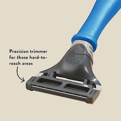 Close-up of Harry's razor blades with flex hinge, lubricating strip, and precision trimmer