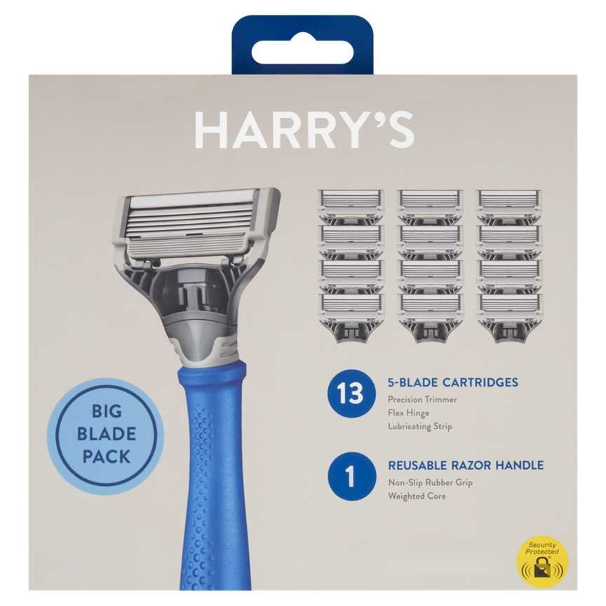 Packaging of Harry's Razor Set with Indigo Blue Handle and Travel Blade Cover.