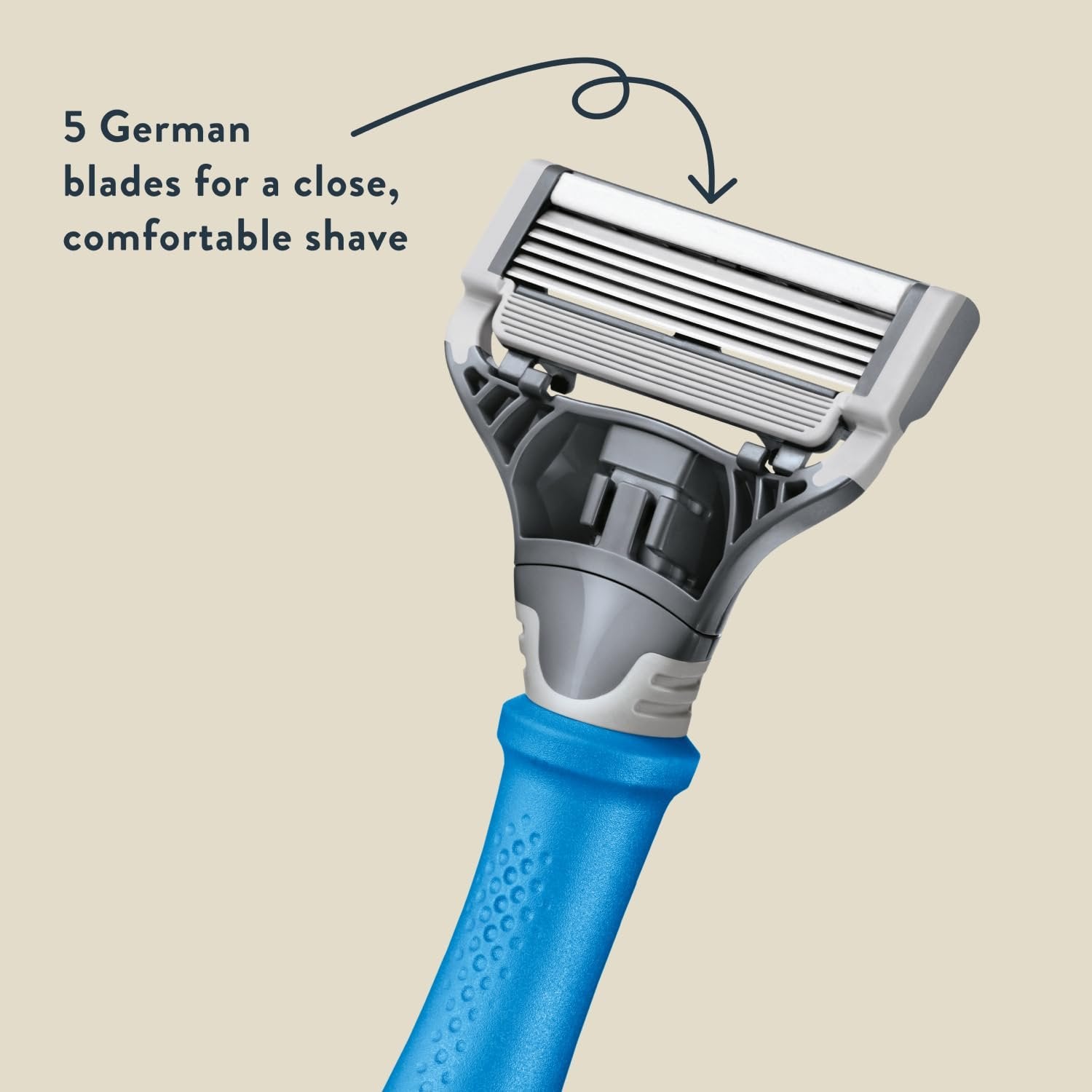 Close-up of Indigo Blue Razor Handle and precision blades