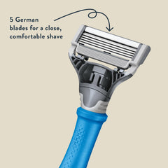 Close-up of Indigo Blue Razor Handle and precision blades