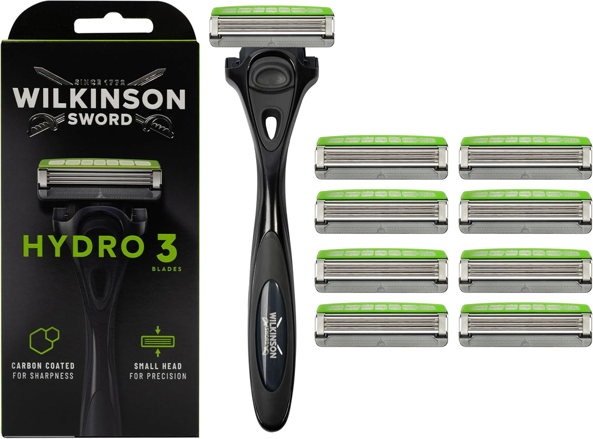 Wilkinson Sword Hydro 3 Razor with ergonomic handle and 9 blade refills